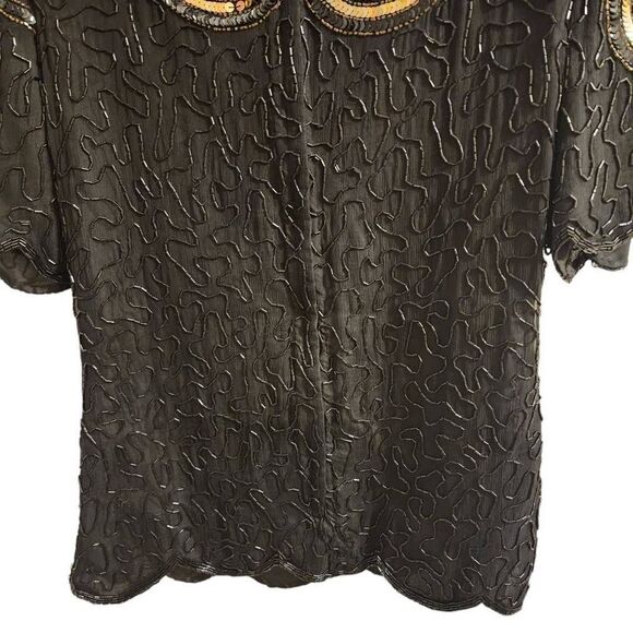 Stenay Vintage Silk Beaded Black Gold Top Size Small - Picture 11 of 13
